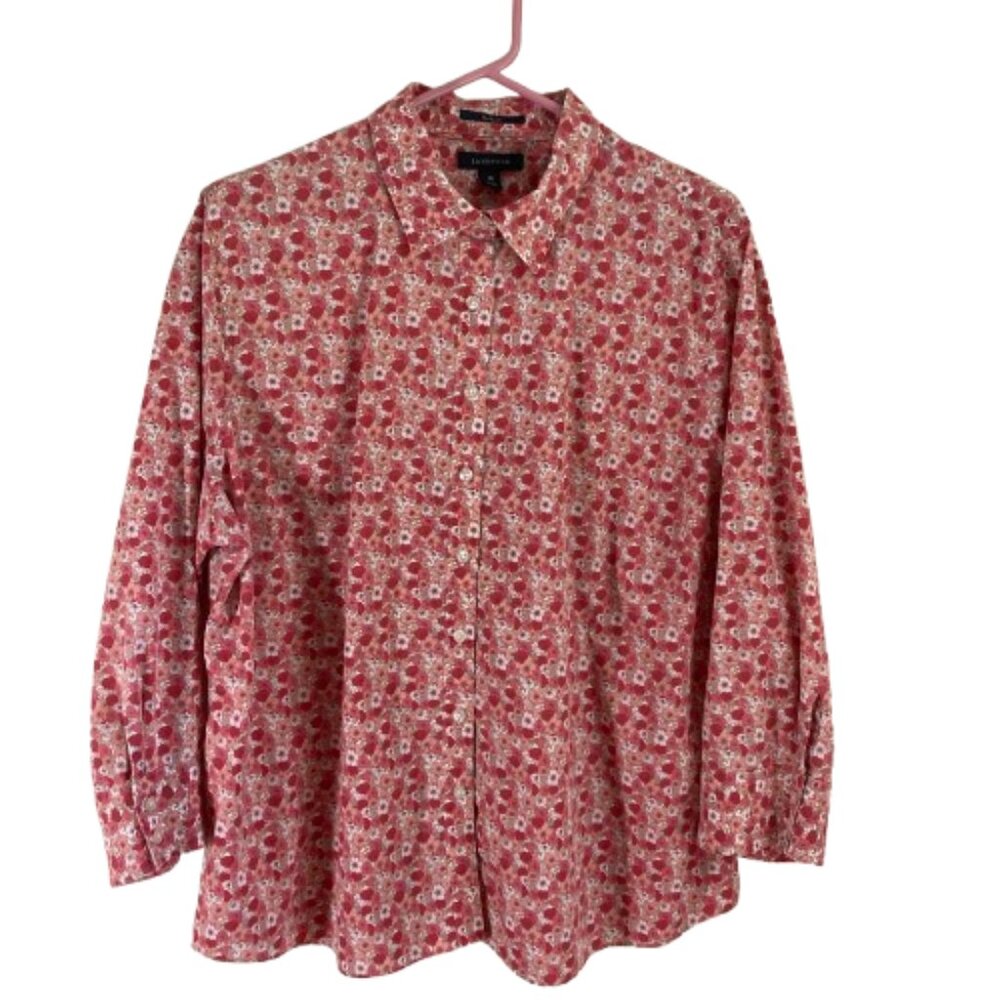 Lands End Shirt Floral No Iron All Cotton 3/4 Sleeves Button-Down, Career, sz 18